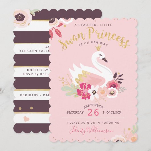 Invitation Swan Princess Florals & Greenery Girl Baby shower (Devant / Derrière)