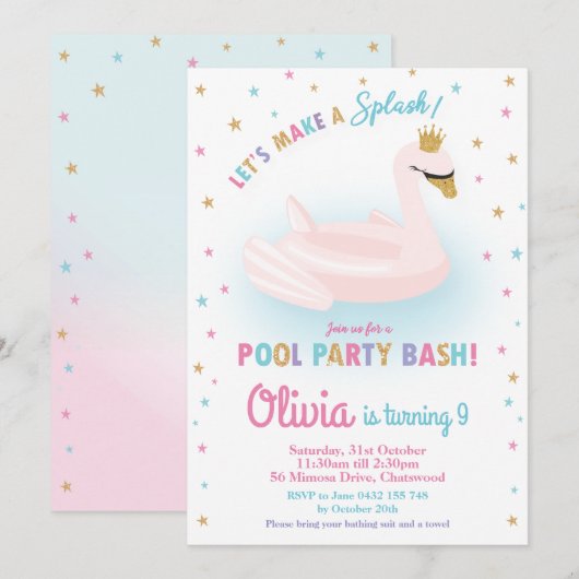 Invitation Swan Princess Pool Party Anniversaire Fille Floati (Devant / Derrière)