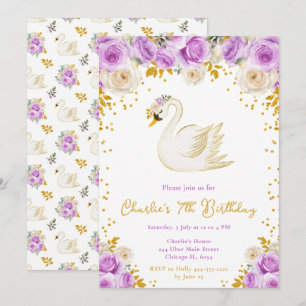 Invitation Swan Purple et Gold Roses fête d'anniversaire