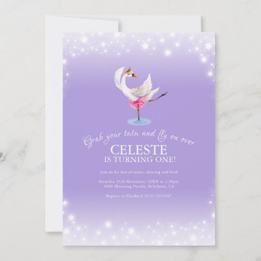 Invitation Swan sur ballet lac 1er anniversaire violet invita (Dos)