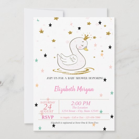 Invitation Swan, Tiara, Étoiles, Baby shower Princesse (Devant)