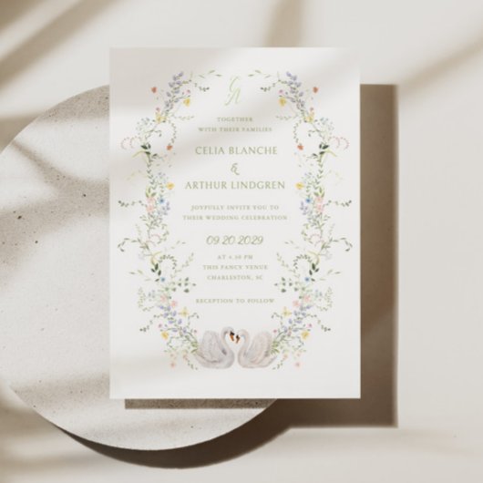 Invitation Swans Floral Frame Monogram Wedding