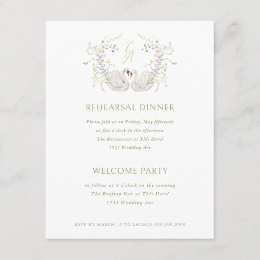 Invitation Swans Floral Monogram Crest Rehearsal Dinner (Devant)