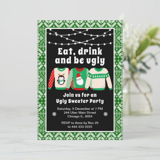 Invitation Sweaters de Noël moches Fête Vert (Debout devant)
