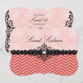 Invitation Sweet16 Coral Glitter Chevron & Damask (Devant / Derrière)