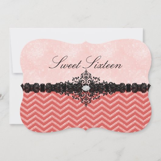Invitation Sweet16 Coral Glitter Chevron & Damask (Devant)