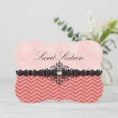 Invitation Sweet16 Coral Glitter Chevron & Damask (Debout devant)