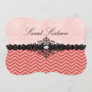 Invitation Sweet16 Coral Glitter Chevron & Damask