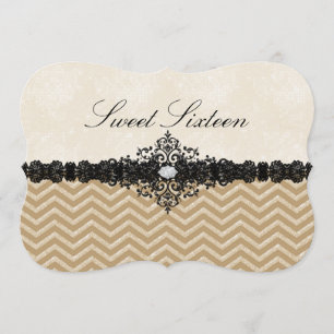 Invitation Sweet16 Damask et Chevron Pailleté Or