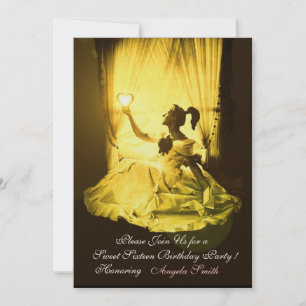 Invitation SWEET16 FÊTE D'ANNIVERSAIRE JAUNE BLACK DAMASK Or