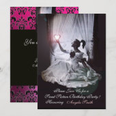 INVITATION SWEET16 FÊTE, ROSE, DOMMAQUE NOIR ET BLANC (Devant / Derrière)