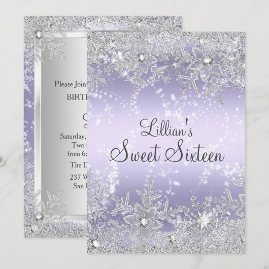 Invitation Sweet16 Fléau de neige Diamant Purple Winter Wonde (Devant / Derrière)