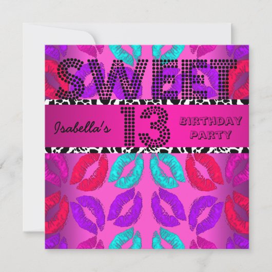 Invitation Sweet 13 13e Anniversaire Lèvres Vache Rose Noir (Devant)