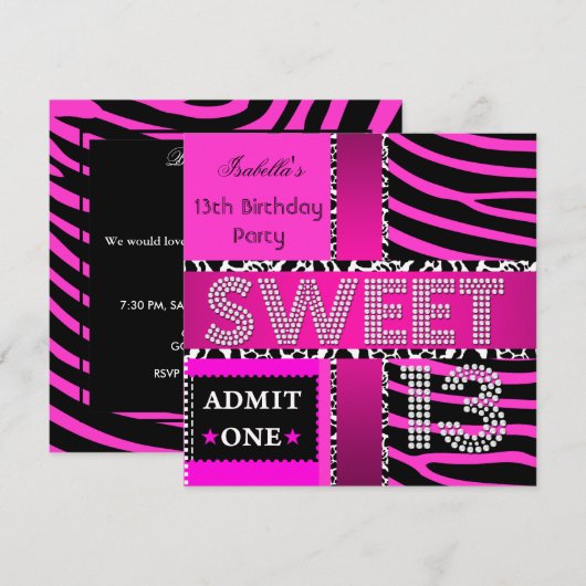 Invitation Sweet 13 13e anniversaire Zebra Cow Hot rose Noir (Devant / Derrière)