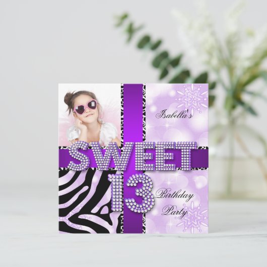 Invitation Sweet 13 13e anniversaire Zebra Cow violet noir (Debout devant)