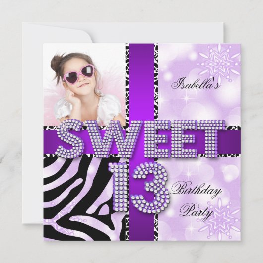 Invitation Sweet 13 13e anniversaire Zebra Cow violet noir (Devant)