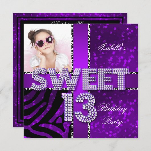 Invitation Sweet 13 13e anniversaire Zebra Parties scintillan (Devant / Derrière)