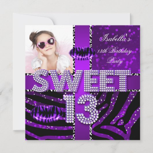 Invitation Sweet 13 13e anniversaire Zebra Parties scintillan (Devant)