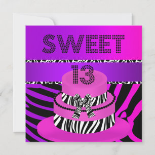 Invitation Sweet 13 13e anniversaire Zebra Purple Pink Cake