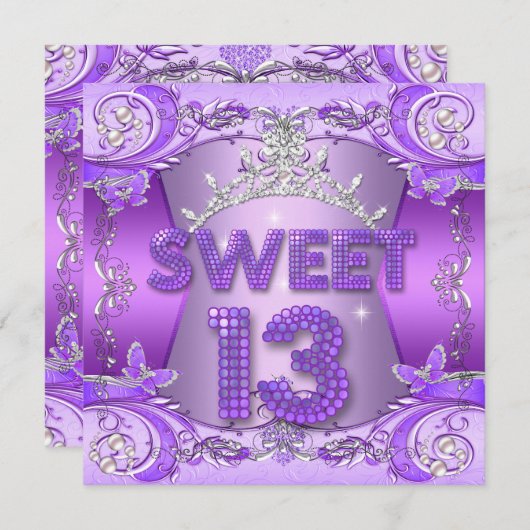 Invitation Sweet 13 13e fête d'anniversaire Purple Silver Tia (Devant / Derrière)