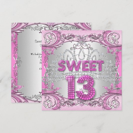 Invitation Sweet 13 13e Soirée Rose Tiara fête d'anniversaire (Devant / Derrière)