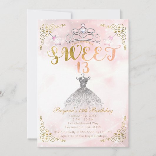 Invitation SWEET 13 13ème Princesse rose Éperche fête d'anniv (Devant)
