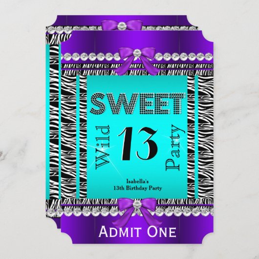 Invitation Sweet 13 Fun Party Zebra Turquoise Bleu pourpre Bi (Devant / Derrière)