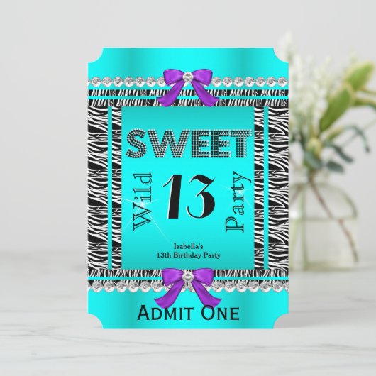 Invitation Sweet 13 Fun Party Zebra Turquoise Bleu violet Bil (Debout devant)