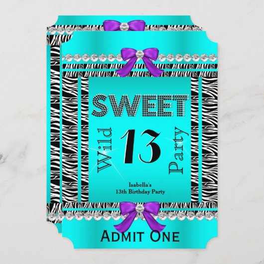 Invitation Sweet 13 Fun Party Zebra Turquoise Bleu violet Bil (Devant / Derrière)