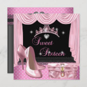 Invitation Sweet 16 16e anniversaire rose noir blanc (Devant / Derrière)