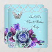 Invitation Sweet 16 16e Perle Turquoise de papillon pourpre f (Devant / Derrière)