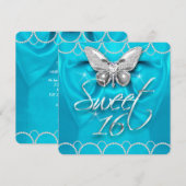 Invitation Sweet 16 16e Turquoise Blue Butterfly Pearl Party (Devant / Derrière)