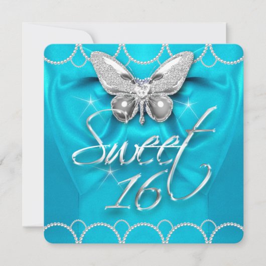 Invitation Sweet 16 16e Turquoise Blue Butterfly Pearl Party (Devant)