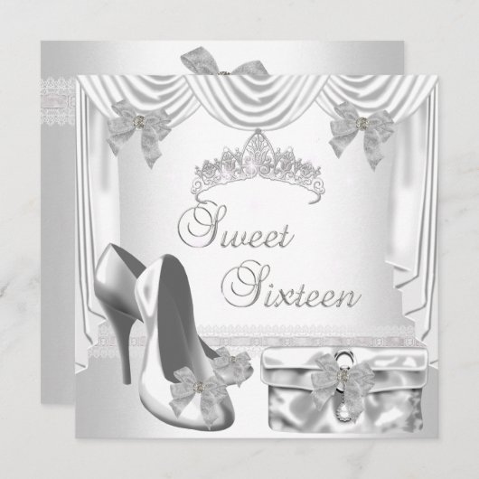Invitation Sweet 16 16th Birthday Silver White (Devant / Derrière)