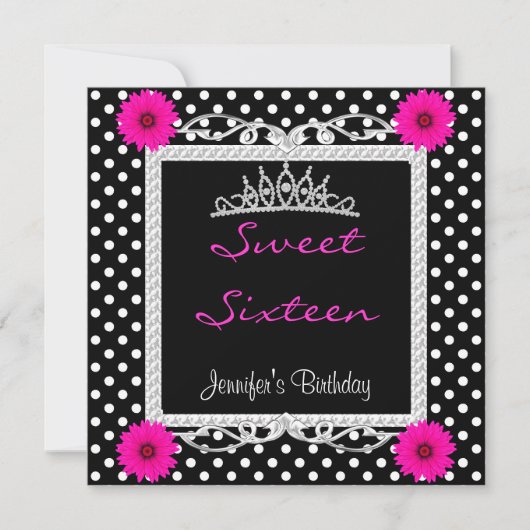 Invitation Sweet 16 16th Black White spot Rose floral Tiara (Devant)