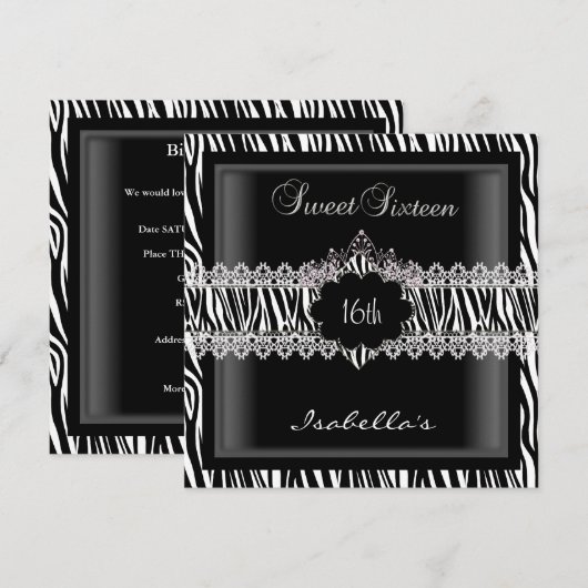 Invitation Sweet 16 16th Zebra Lace Sweet sixteen 2 (Devant / Derrière)