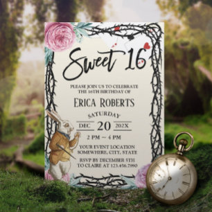 Invitation Sweet 16 Alice au pays des merveilles Orne florale