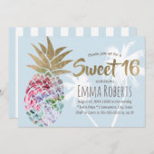 Invitation Sweet 16 Ananas Floral Tropical & Palm Tree (Devant / Derrière)