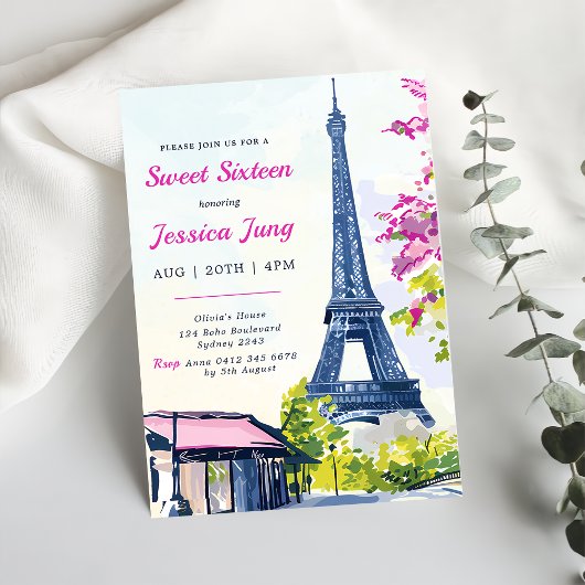 Invitation Sweet 16 Anniversaire Aquarelle Florale Tour Eiffe