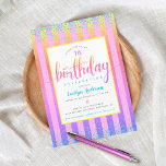 Invitation Sweet 16 anniversaire arc-en-ciel ombre script par<br><div class="desc">"Joyeux 16ème anniversaire". Envoyez ce sublime, moderne, minuscule point de confetti bleu brillant et bleu parties scintillant confetti et script de typographie jaune orange rose foncé contre un rose clair et arc-en-ciel ombre arrière - plan rayé parties scintillant, invitation personnalisée pour un événement à se souvenir. Personnalisez le texte personnalisé...</div>