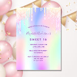 Invitation Sweet 16 anniversaire arc-en-ciel parties scintill<br><div class="desc">Une invitation à la fête de 16e anniversaire pour filles et femmes Sweet 16. Devant : Un arrière - plan de couleur arc-en-ciel en violet, rose, vert menthe, or rose. Décoré avec des gouttes de parties scintillant en violet, rose et faux or. Personnalisez et ajoutez un nom et des détails...</div>