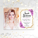 Invitation Sweet 16 Anniversaire Avec Photo - Blanc Or Violet<br><div class="desc">Sweet sixteen invitation fête d'anniversaire avec votre photo. Design élégant en blanc,  or et violet. Il présente une police de script élégante,  des roses,  de l'or de parties scintillant faux et des confettis. Parfait pour une célébration glam 16ème anniversaire.</div>