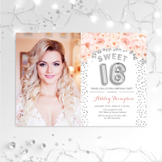 Invitation Sweet 16 Anniversaire Avec Photo - Silver Rose Flo