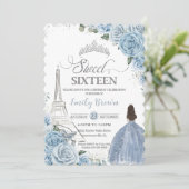 Invitation Sweet 16 Anniversaire Bleu Floral Paris Argent (Debout devant)
