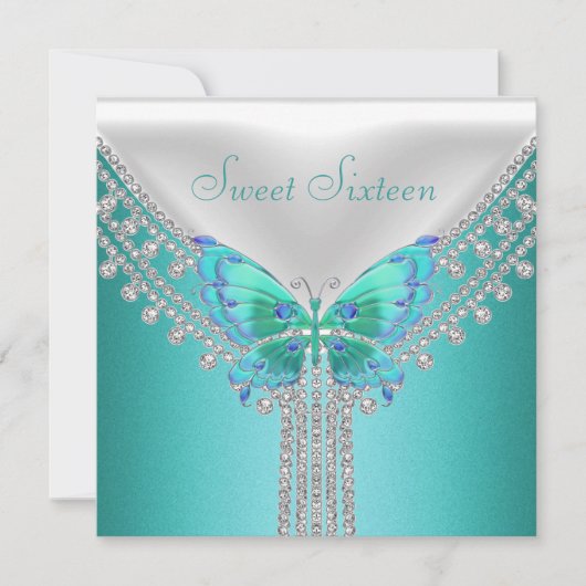 Invitation Sweet 16 Anniversaire Bleu Turquoise Bleu Papillon (Devant)
