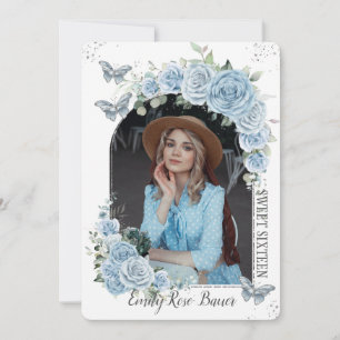 Invitation Sweet 16 Anniversaire Blue Floral Butterflies Phot