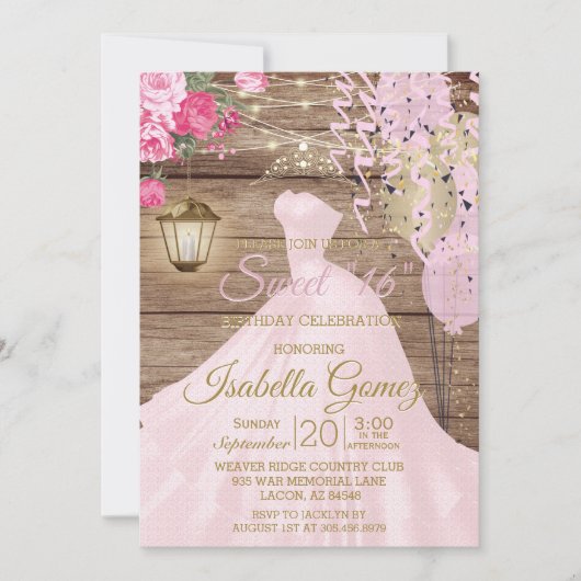 Invitation Sweet 16 Anniversaire - Bois et Fleurs roses (Devant)