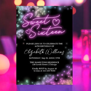 Invitation Sweet 16 Anniversaire coloré Neon brillant Fête no