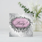Invitation Sweet 16 Anniversaire Cool Damask Pink Silver (Debout devant)