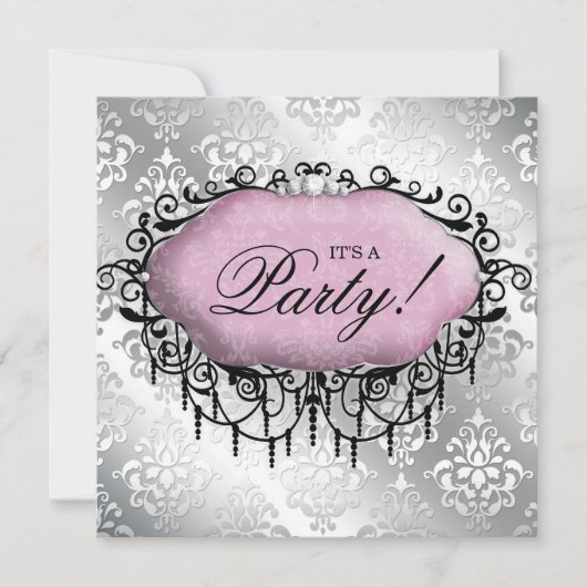 Invitation Sweet 16 Anniversaire Cool Damask Pink Silver (Devant)